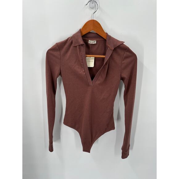 Free People NWT Do It Right Ribbed Collared Bodysuit in Hickory Brown // XS - Picture 3 of 8
